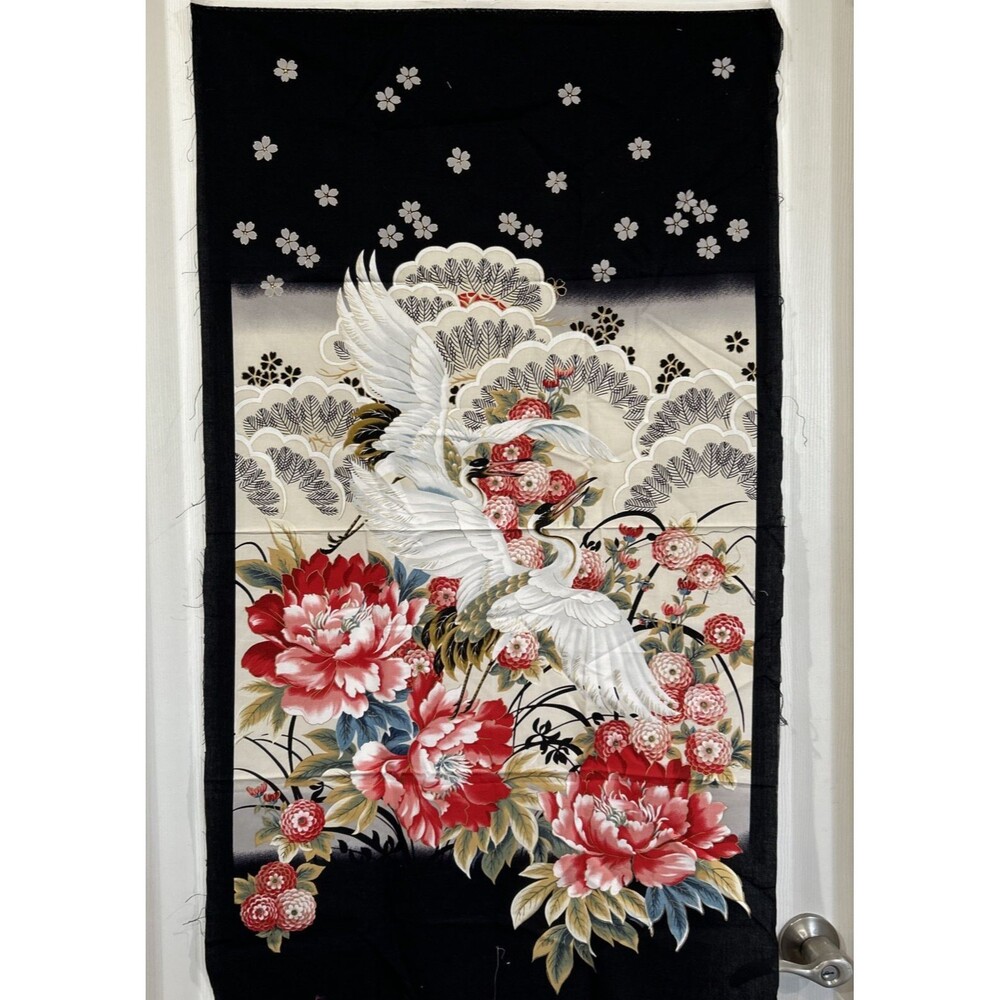 Vintage Cotton Quilt Fabric Sakura Red Rooster Panel Crane Floral 24" x 44"